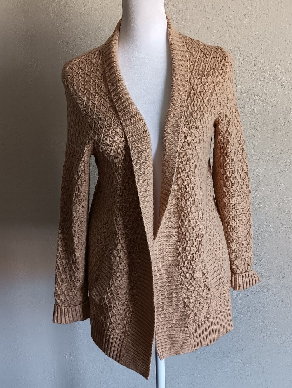 Talbots Lambswool Blend Beige Open Front Knit Cardigan Sweater Size Small Petite